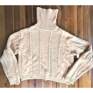 Wainscott Cotton Chunky Cable Knit Turtleneck Sweater S Cropped Warm Sand Yellow